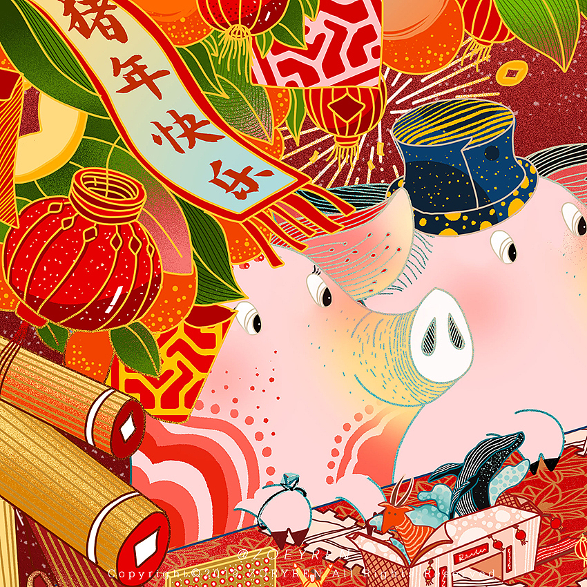 华贸中心 X 猪年新春KV及产品（图ZMjEwMDQwOTE2） - 商业插画 - 站酷设计师ZoeyRen原创素材 - 站酷ZCOOL
