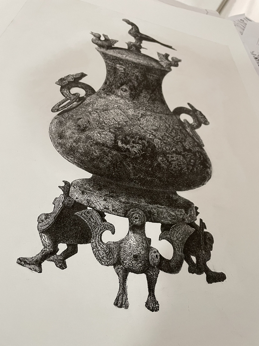 钢笔画-战国•错金银立鸟几何纹铜壶