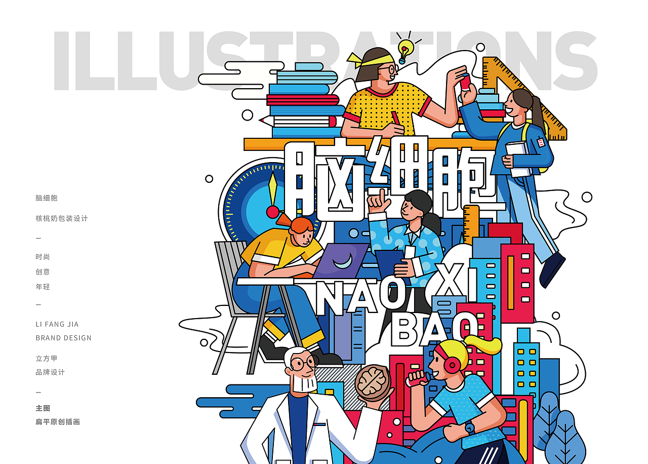 通过多元场景插画呼应主题,插画中融入了学习、考试、办公、科研、运动等消费者每日感知的场景,多维度诠释了核桃奶的特点-补充脑力。