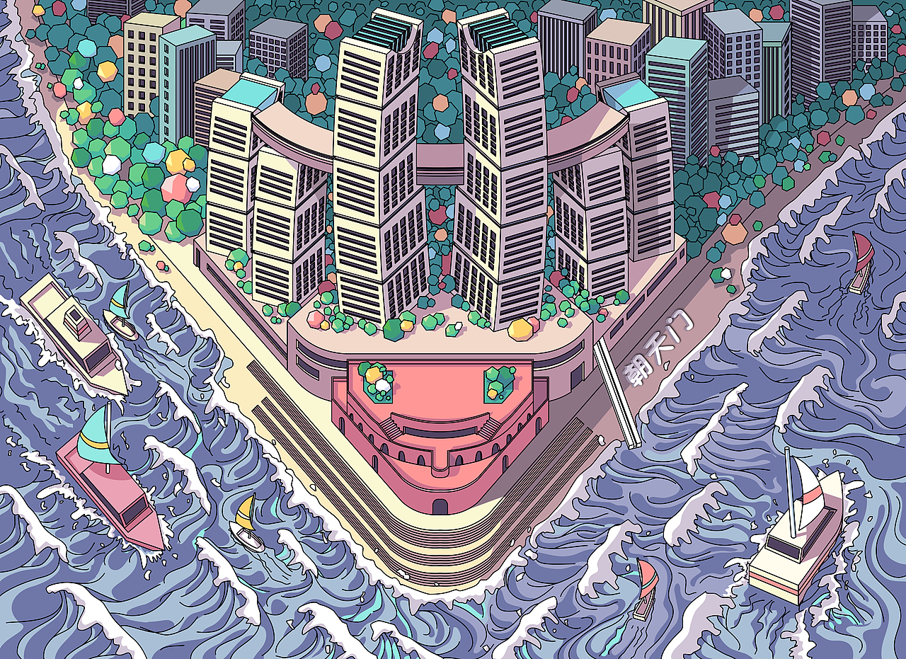 重庆网红旅游景点明信片——朝天门|插画|商业插画|虎皮青蛙cc_原创