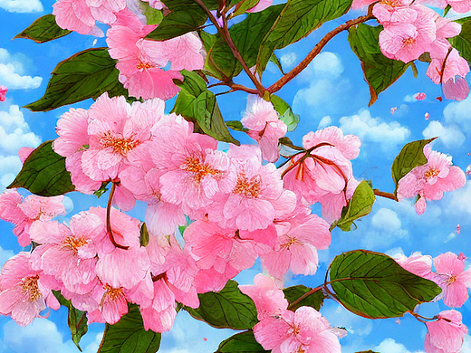#AI创作实验室#粉色桃花，从蓝白色的空中缓缓落下