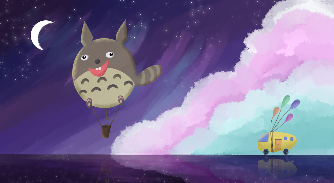 带着气球的童心小车,追逐着梦想中的龙猫热气球,紫蓝色的云会给人们