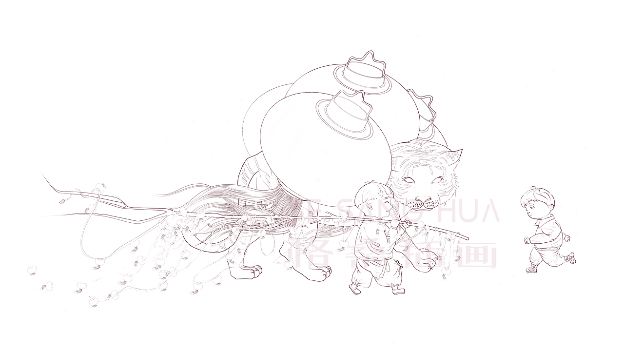 2022虎年新年国风儿童插画《陪大猫一起过大年》