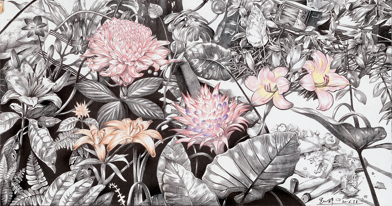 赵娜-《后花园 Backyard garden》-50×100cm-布上铅笔-2016（图ZNjE3NTUwODA=） - 绘画 - 站酷设计师赵娜Artist原创素材 - 站酷ZCOOL