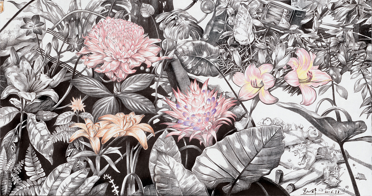 赵娜-《后花园 backyard garden》-50×100cm-布上铅笔-2016