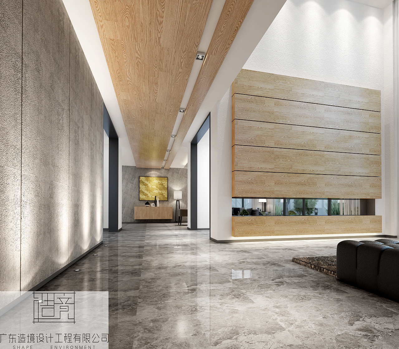 天花木色过度拼接，设计色彩的延续性，以及视野尽头的同木色的台案。
