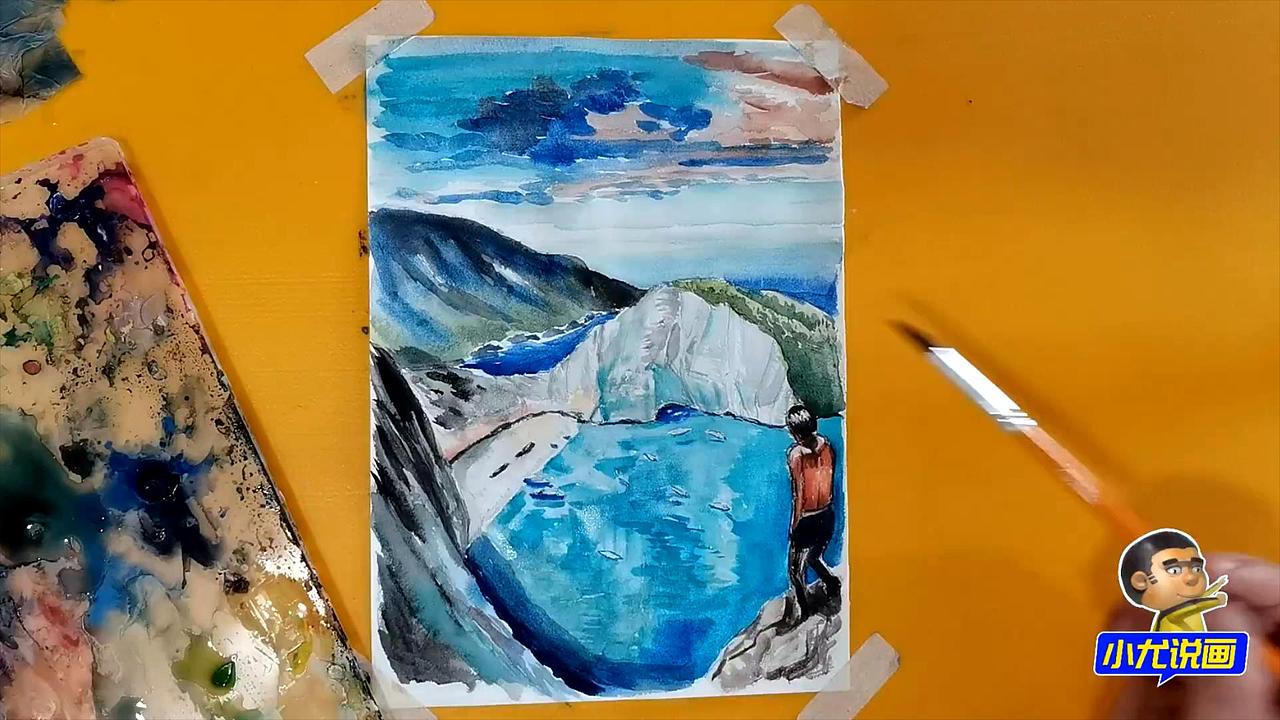 水彩画蓝宝石的海湾小岛-小尤说画