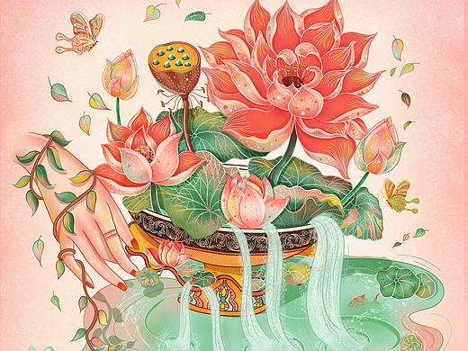 国风线性插画习作-荷花手静物