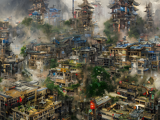 #AI创作实验室#建筑群，天宫天庭，赛博国风