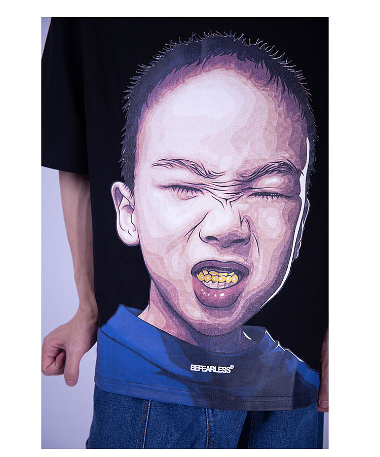 短袖潮流小孩嘻哈宽松复古潮牌街舞五分袖情侣装