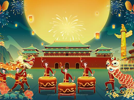 中秋国庆北京建筑国潮插画