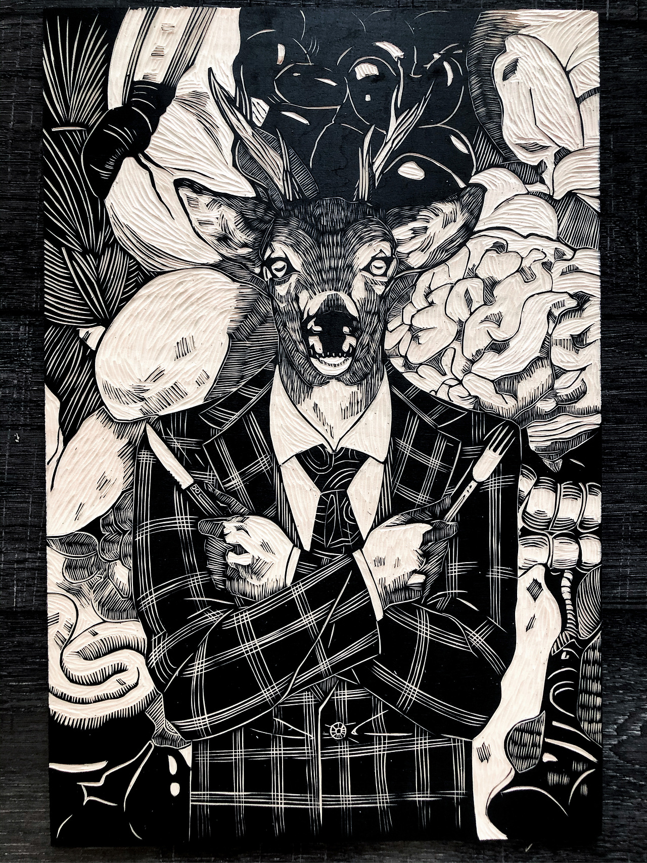 鹿手工雕刻黑白木刻版画装饰画