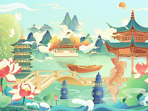 国潮插画-西湖