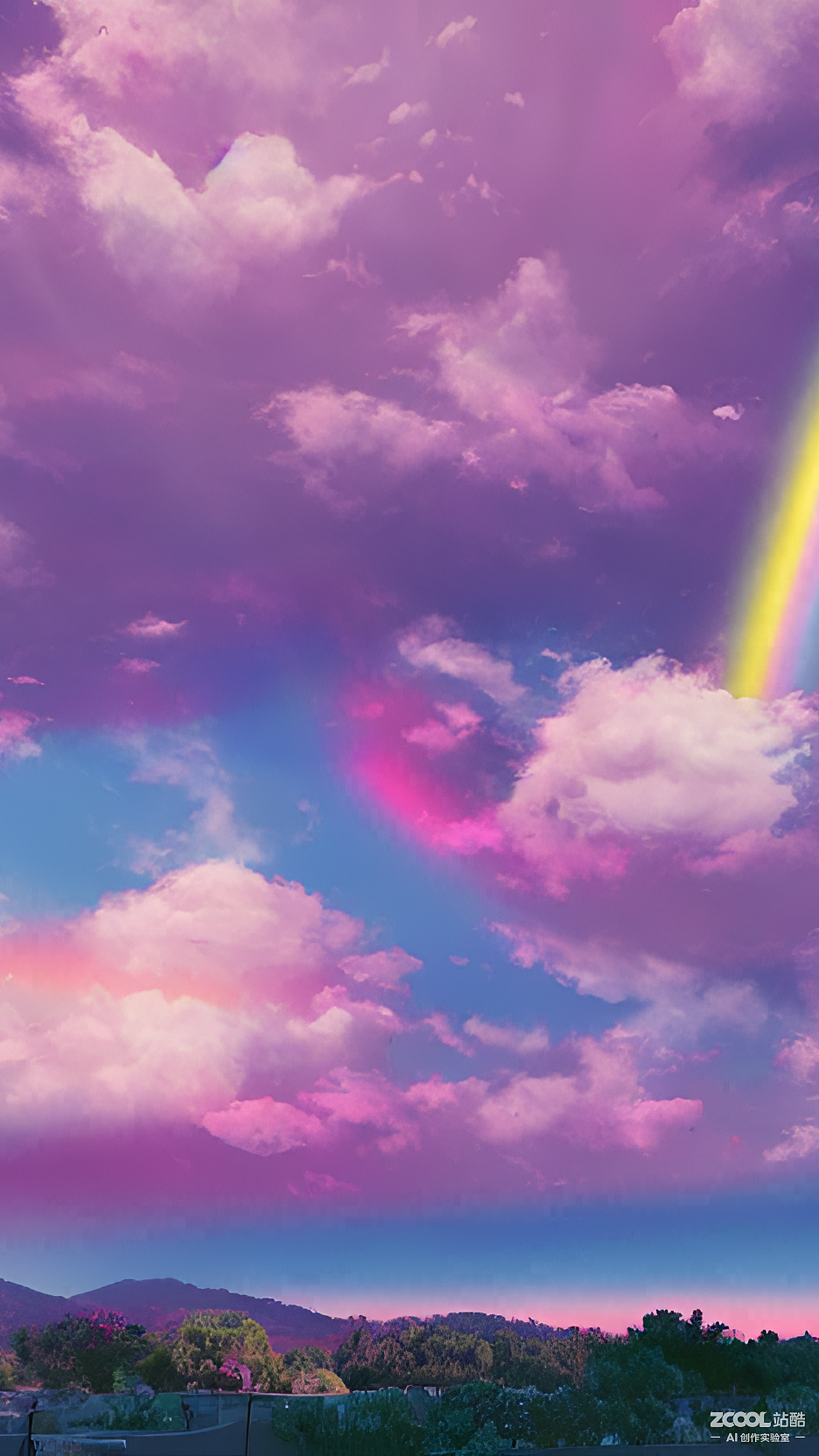 #AI创作实验室#粉色的天空,白色的云朵,彩虹