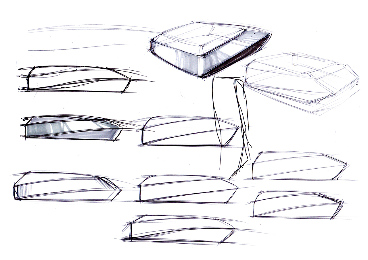 通过数量和质量来产生大量的创意,不断的进行推敲和形变,并选定可继续深入的方案。当然可以从产品的侧视图进行推敲。(无线门铃构思性草图方案)