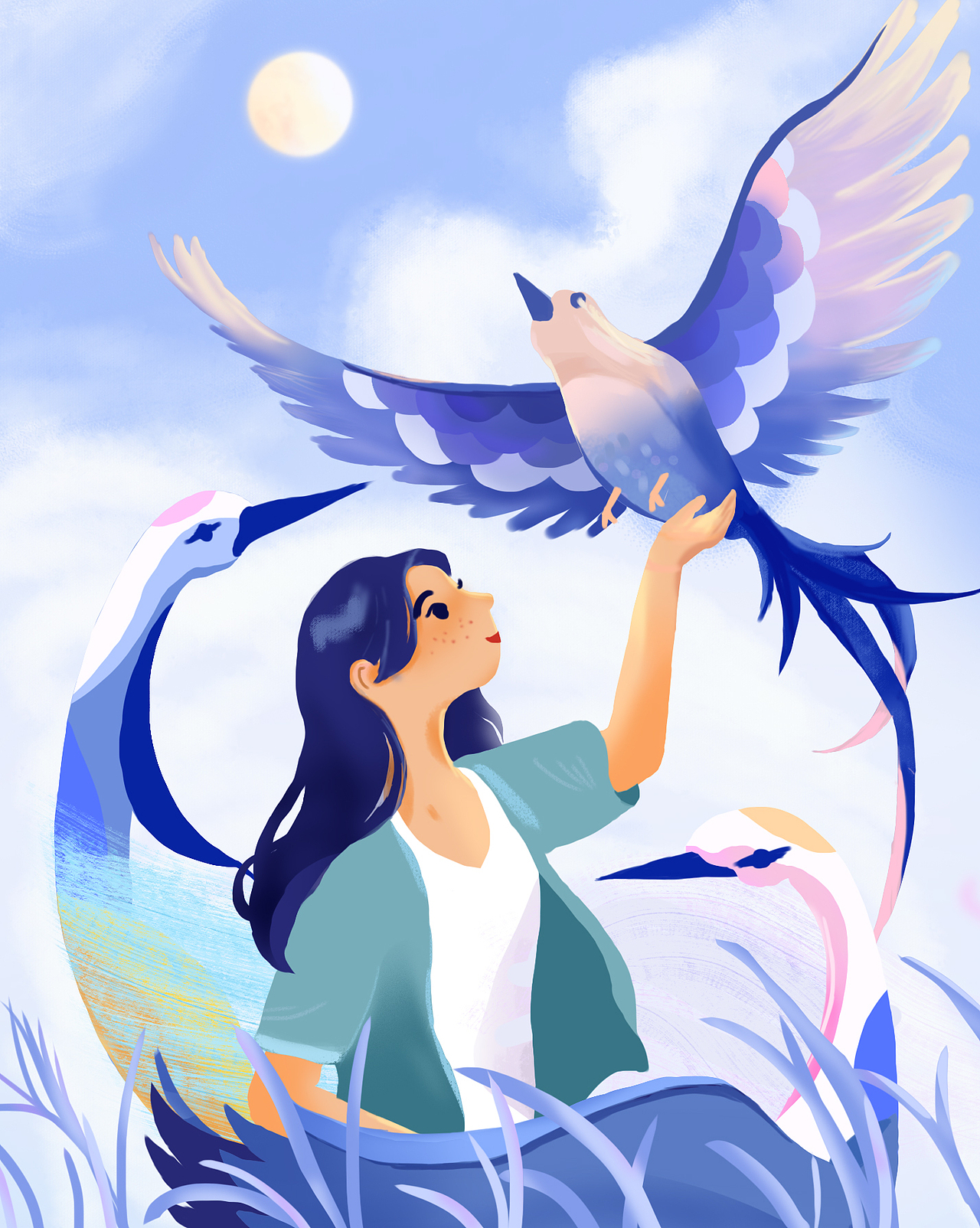 女孩和鸟手绘插画临摹