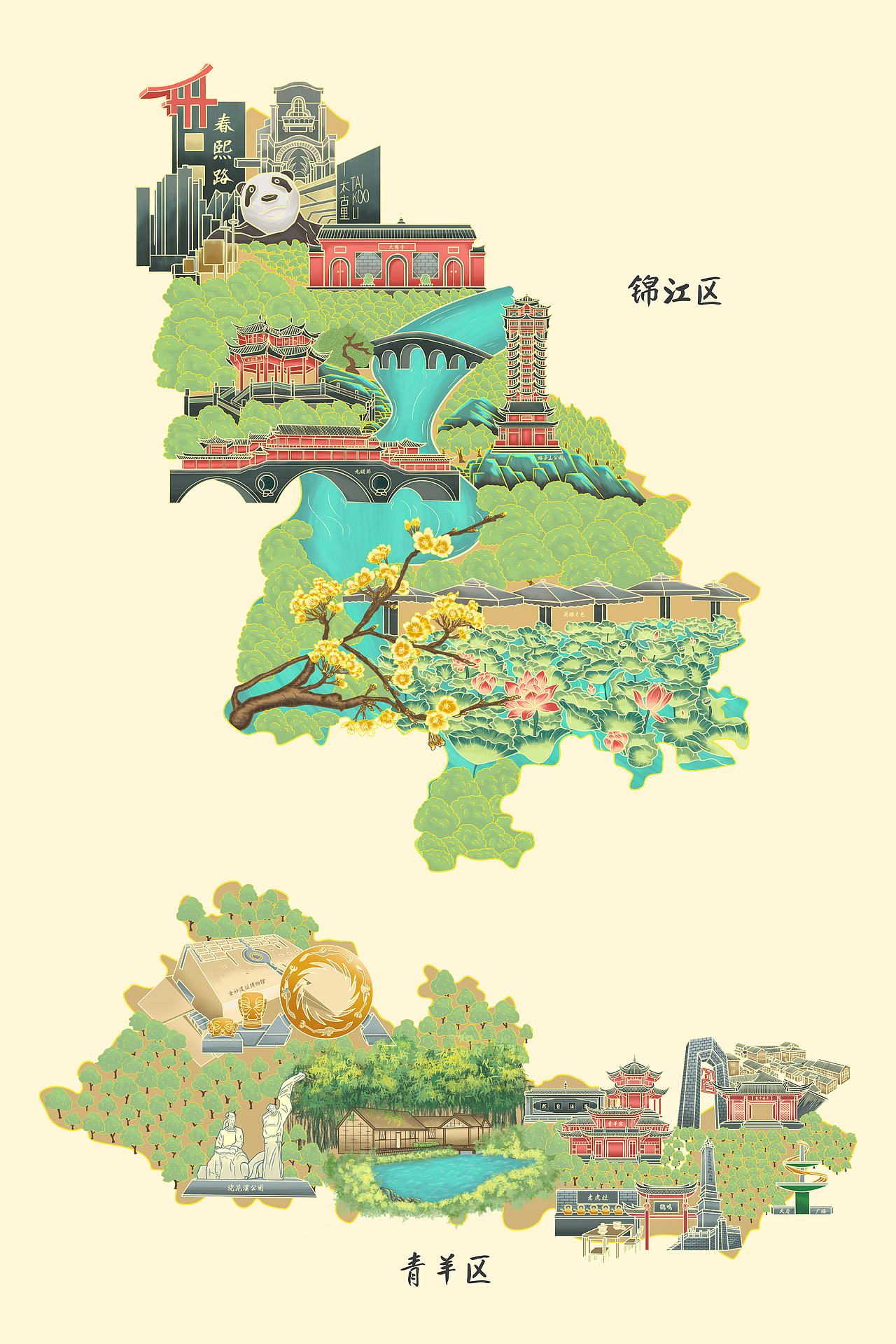 最近有想法想要画一套成都地区的手绘地图,目前先画完了锦江