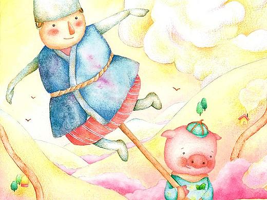 原创萌猪系列水彩插画－和稻草人一起回家（个人主页-ZMzQ1MzQzMTY=） - 儿童插画 - 站酷设计师木点小易原创素材 - 站酷ZCOOL