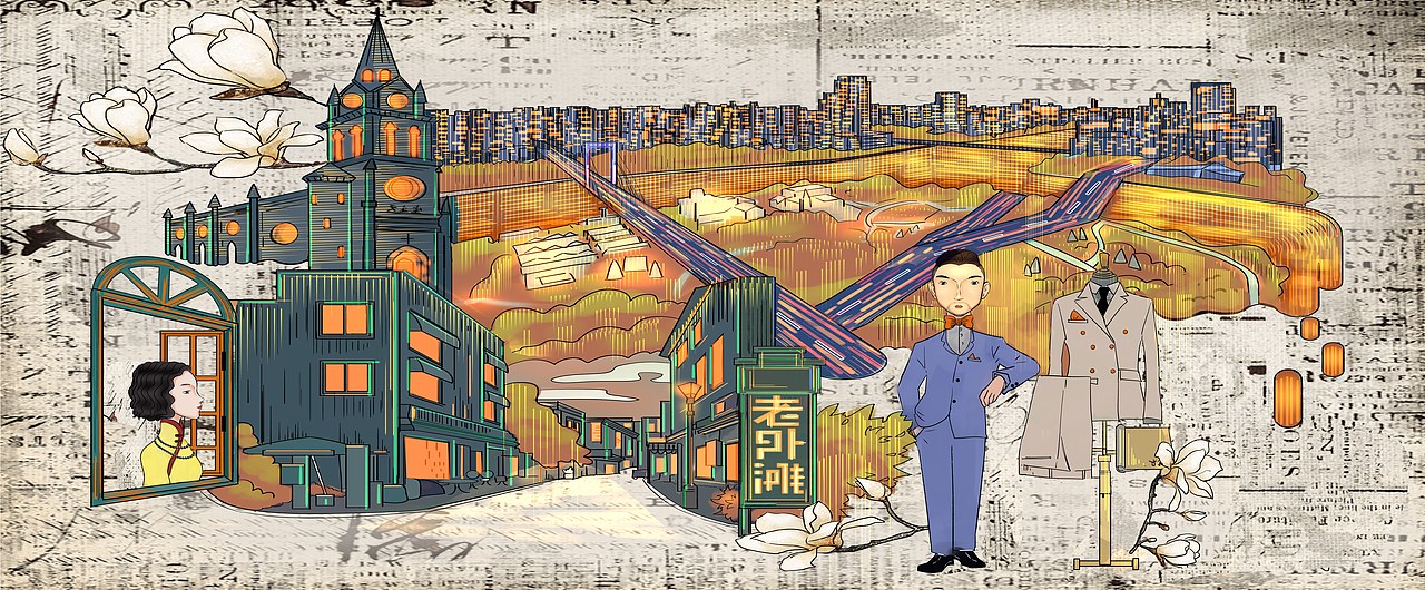 64图酒店大堂壁画插画城市绘系列