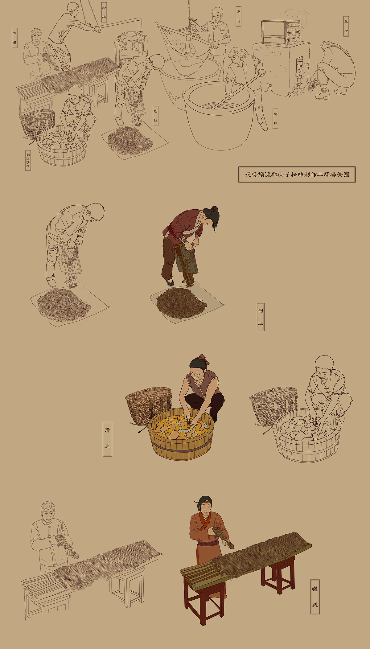 花桥镇复兴村山芋粉丝工序图|插画|商业插画|病源体 - 原创作品