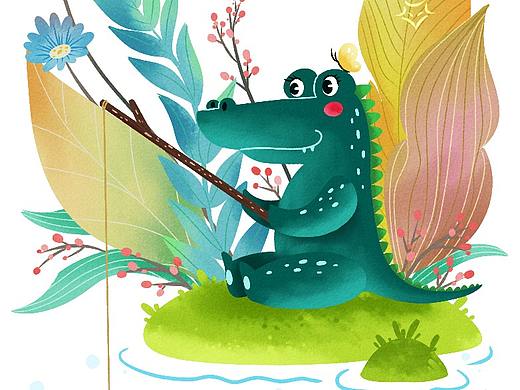 儿童插画小鳄鱼钓鱼