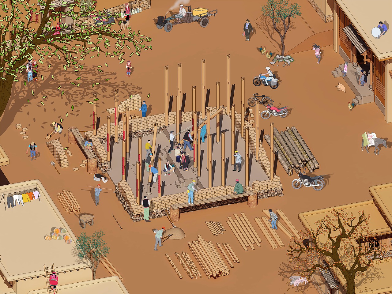 彝族花腰土掌房建造过程