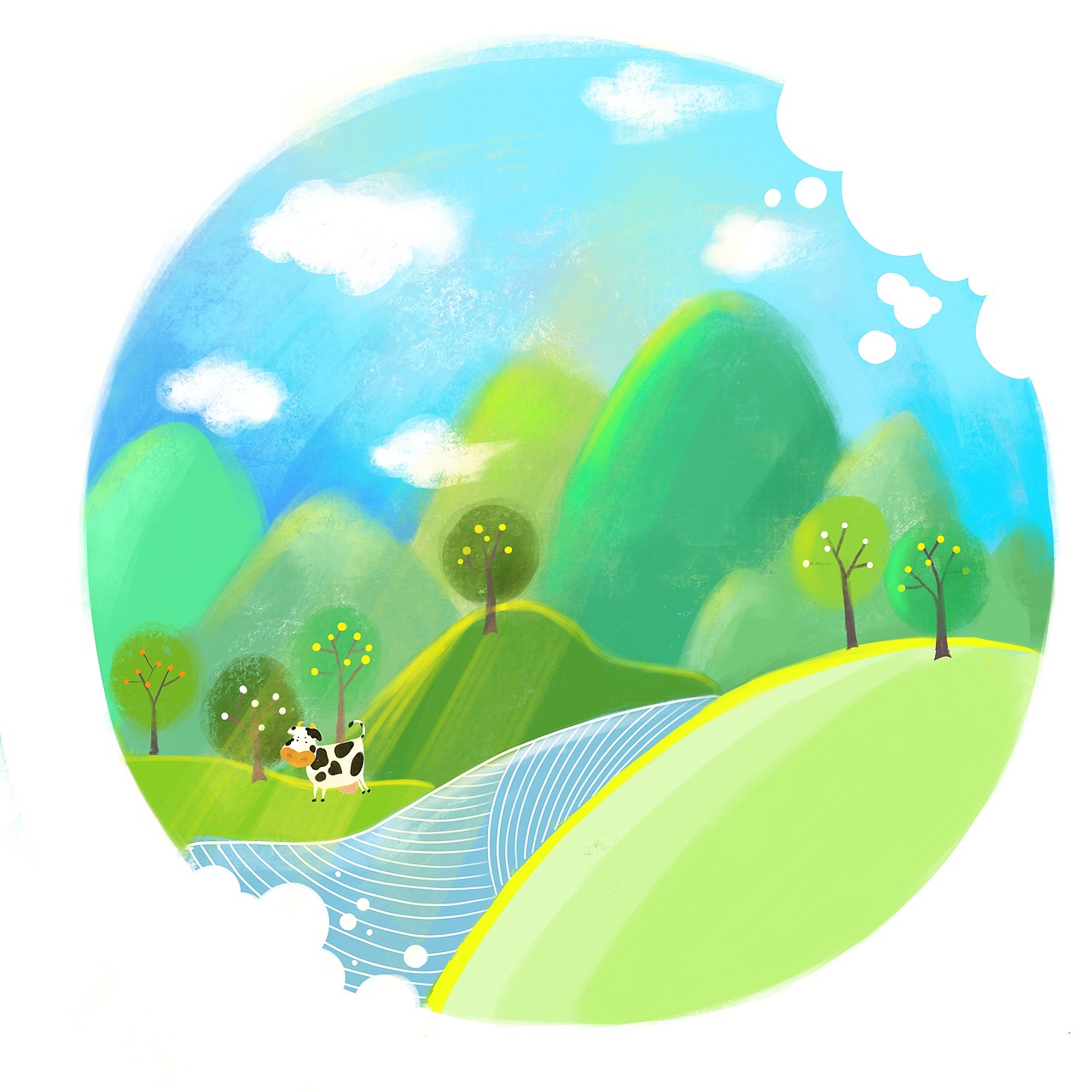 夏日的阳光下的奶牛插画