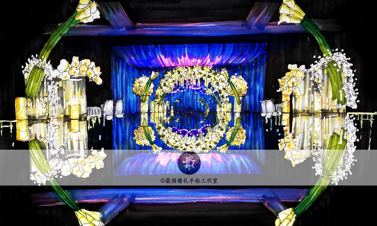 【婚礼手绘】纸面手绘—蓝白厅内效果图（图ZNzMyNDgxNjQ=） - 舞台美术 - 站酷设计师最强婚礼手绘原创素材 - 站酷ZCOOL