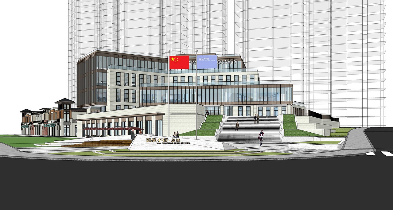 温泉小镇总部办公楼入口景观SU模型下载