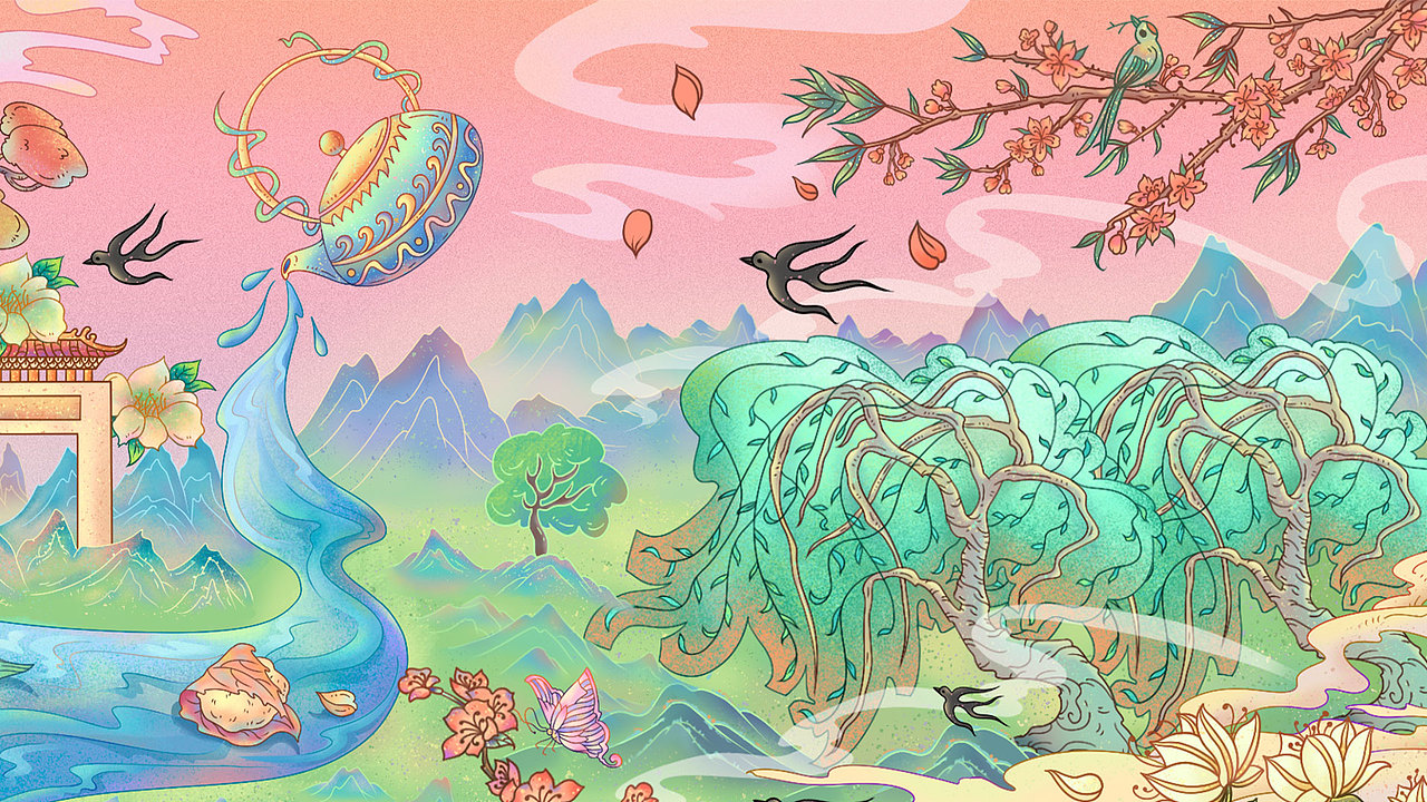 原创国潮风春季踏春插画长卷