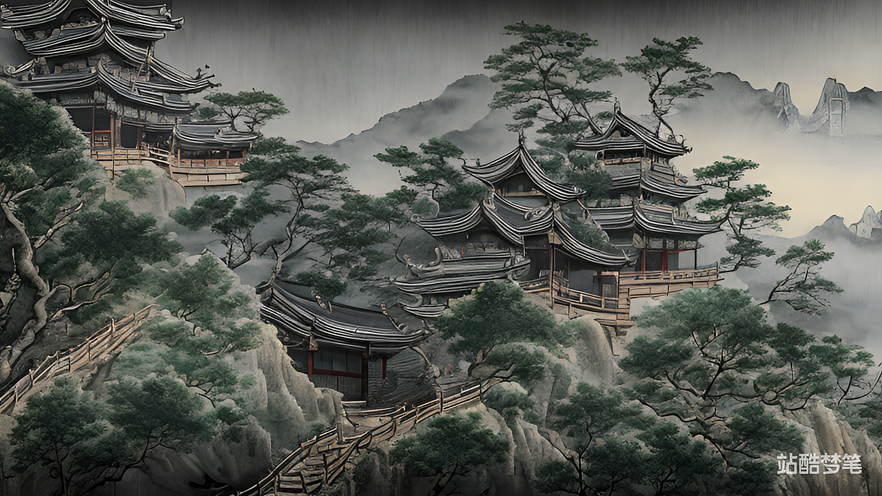 #站酷梦笔#山上的寺庙，国画（图ZMzM2Mjc2OTk2） - AI作品 - 站酷设计师dingzi688原创素材 - 站酷ZCOOL
