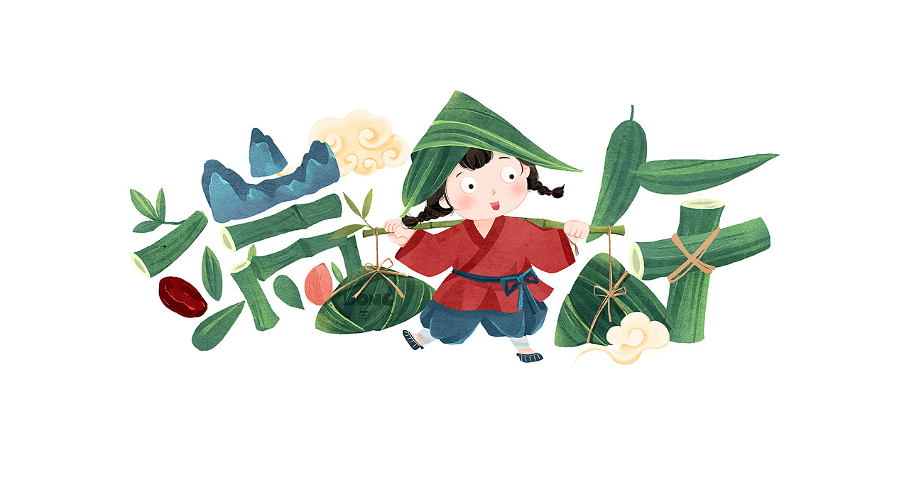 端午节可爱娃娃与粽子插画