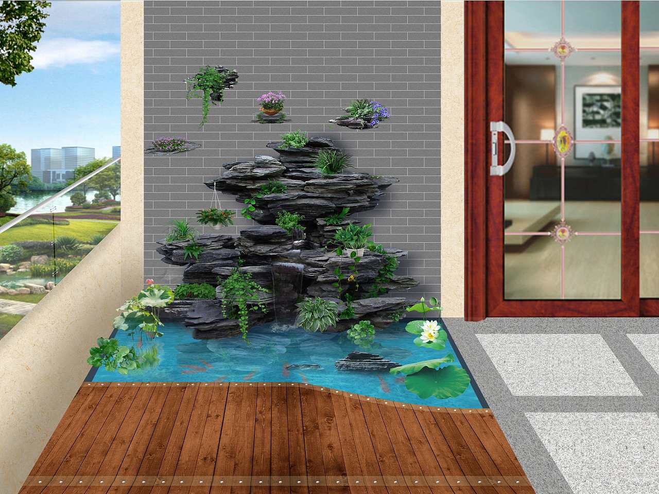 小洋房庭院假山鱼池景观设计效果图_装信通网效果图