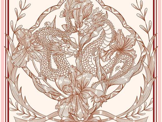 北京印象～鸢尾花·龙|丝巾茶包装插画