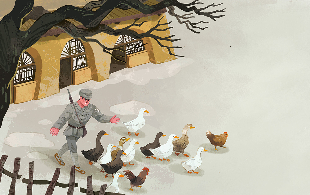 张思德去延安枣园,负责中央领导的警卫工作。清晨赶走吵闹的家禽。