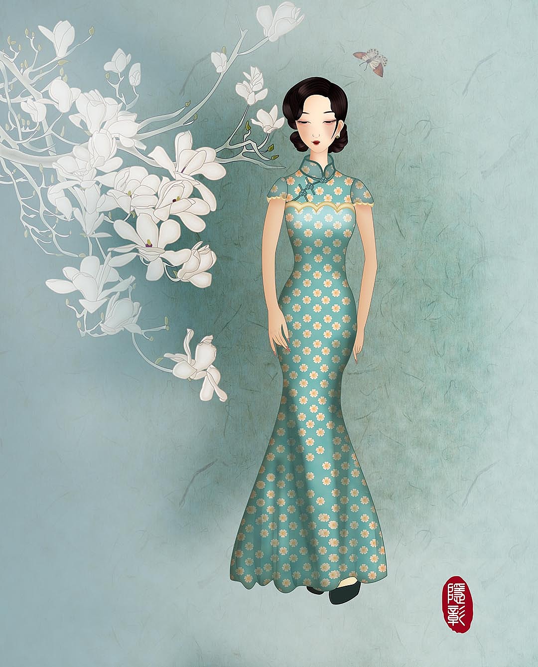 旗袍之美《凌霄花与持扇美人》（图ZMjAwNzM2OTA4） - 商业插画 - 站酷设计师隐彰原创素材 - 站酷ZCOOL