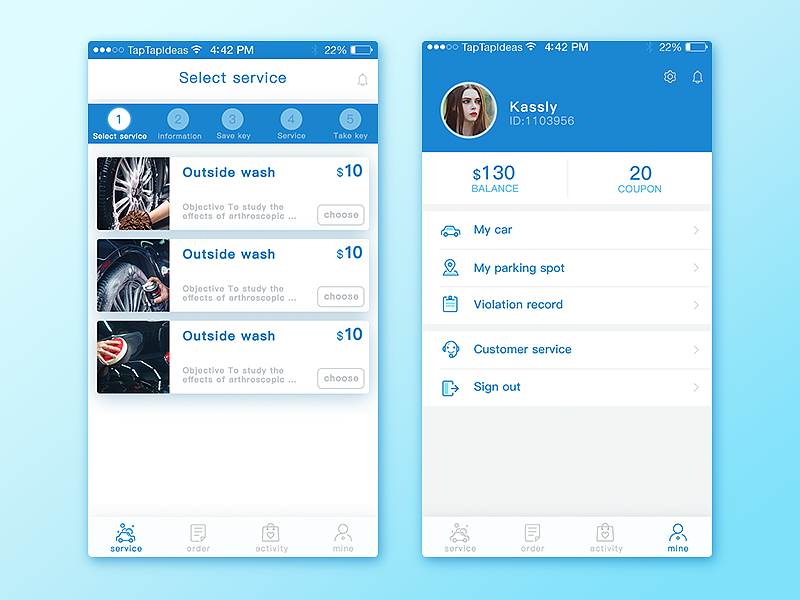 一个上门洗车的主页和“我的”页面