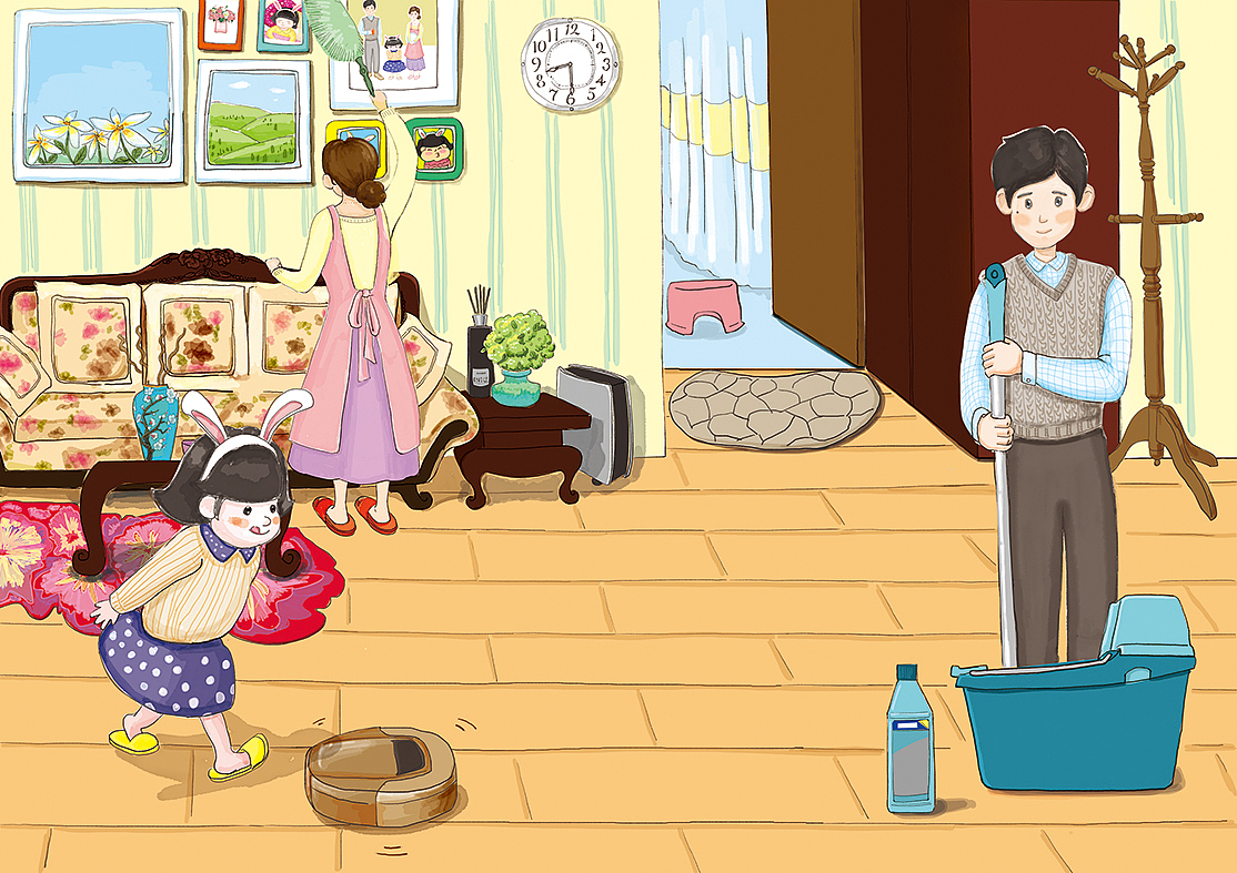 上午9点,全家人一起打扫卫生,小乐也来“帮忙”~