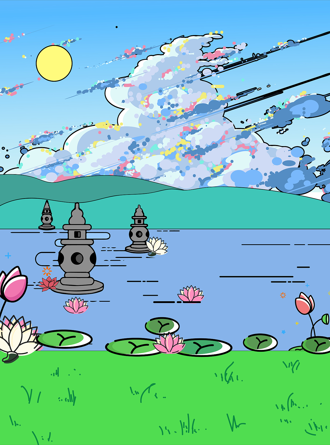 世外桃源湖边鸽子彩色云朵蓝天鸳鸯游园会桃花矢量插画（图ZMjYwMzMxNDA4） - 商业插画 - 站酷设计师改的网名都忘了原创素材 - 站酷ZCOOL