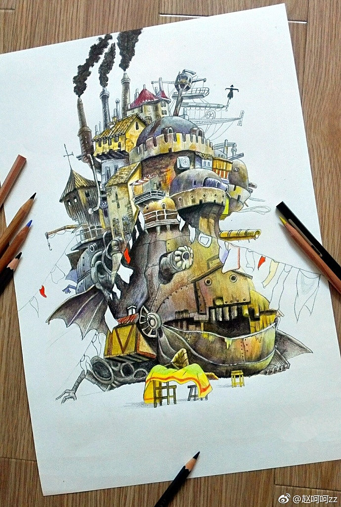 彩铅 哈尔的移动城堡（图ZOTgyNTM5ODA=） - 艺术插画 - 站酷设计师赵呵呵zz原创素材 - 站酷ZCOOL