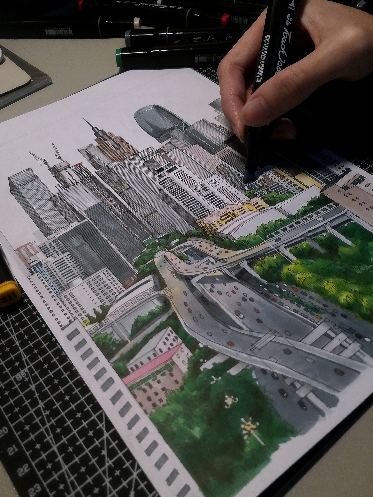 写生马克笔速写cbd场景