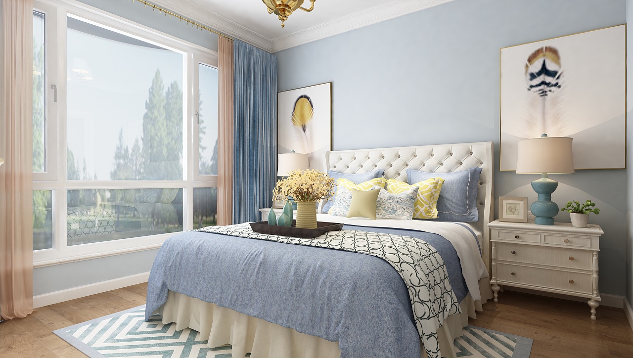 素色浅蓝现代起居卧室