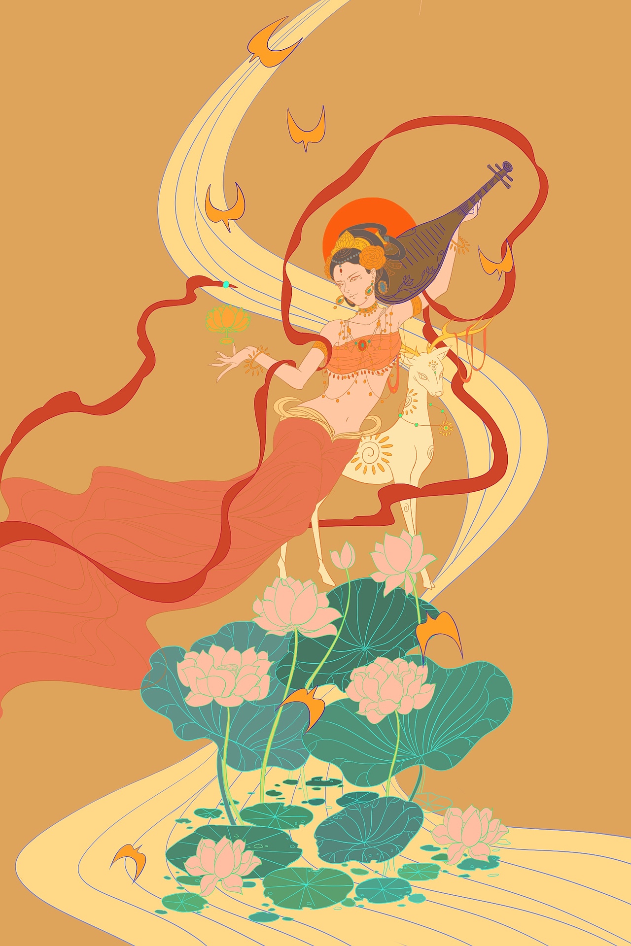 国潮敦煌与荷花（图ZMjUyMDU2MTYw） - 商业插画 - 站酷设计师陶笛声声原创素材 - 站酷ZCOOL