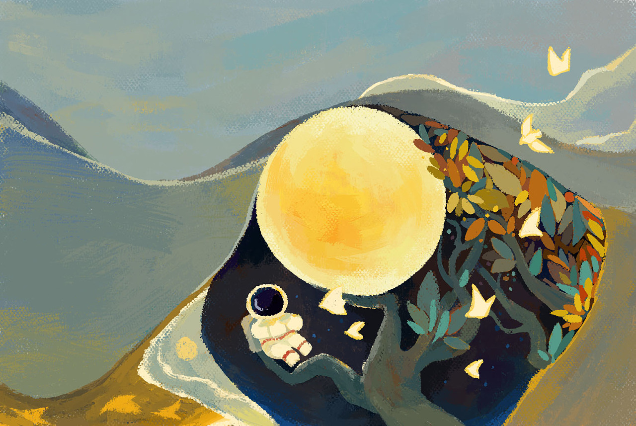 《月球航行》系列扁平肌理油画质感插画|插画|创作习作|屿宁 - 原创