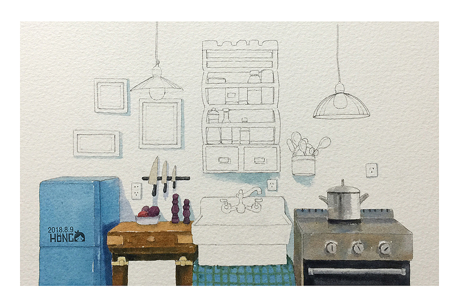 水彩插画厨房过程图