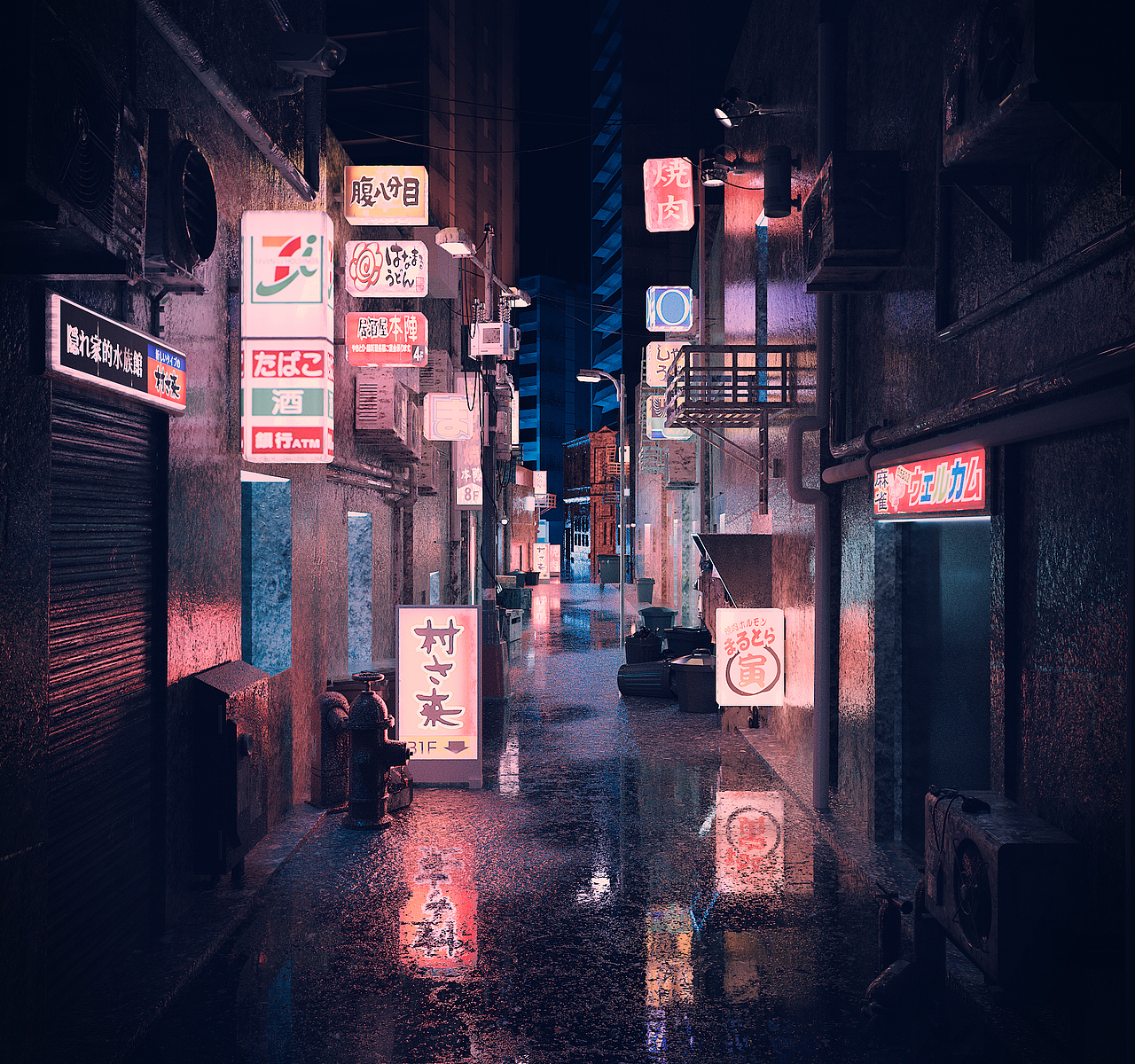 赛博朋克 霓虹街道场景(霓虹灯 + 水渍)临摹练习