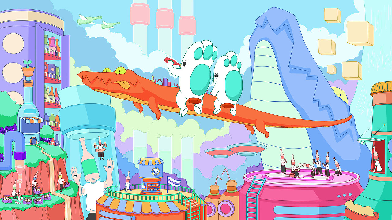 《短吻鳄空中酒吧》
短吻鳄在冬眠的时候身体会与河面的水一起被冻住,只留下嘴巴露在冰面上保持呼吸,直到第二年的春天才苏醒。喝酒也一样,只剩下嘴巴在说话,第二天才苏醒。<br>