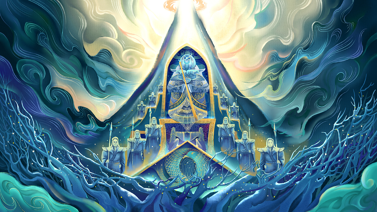 神树顶端,鱼凫王统一鱼鸟部族,手持金杖。登基称王