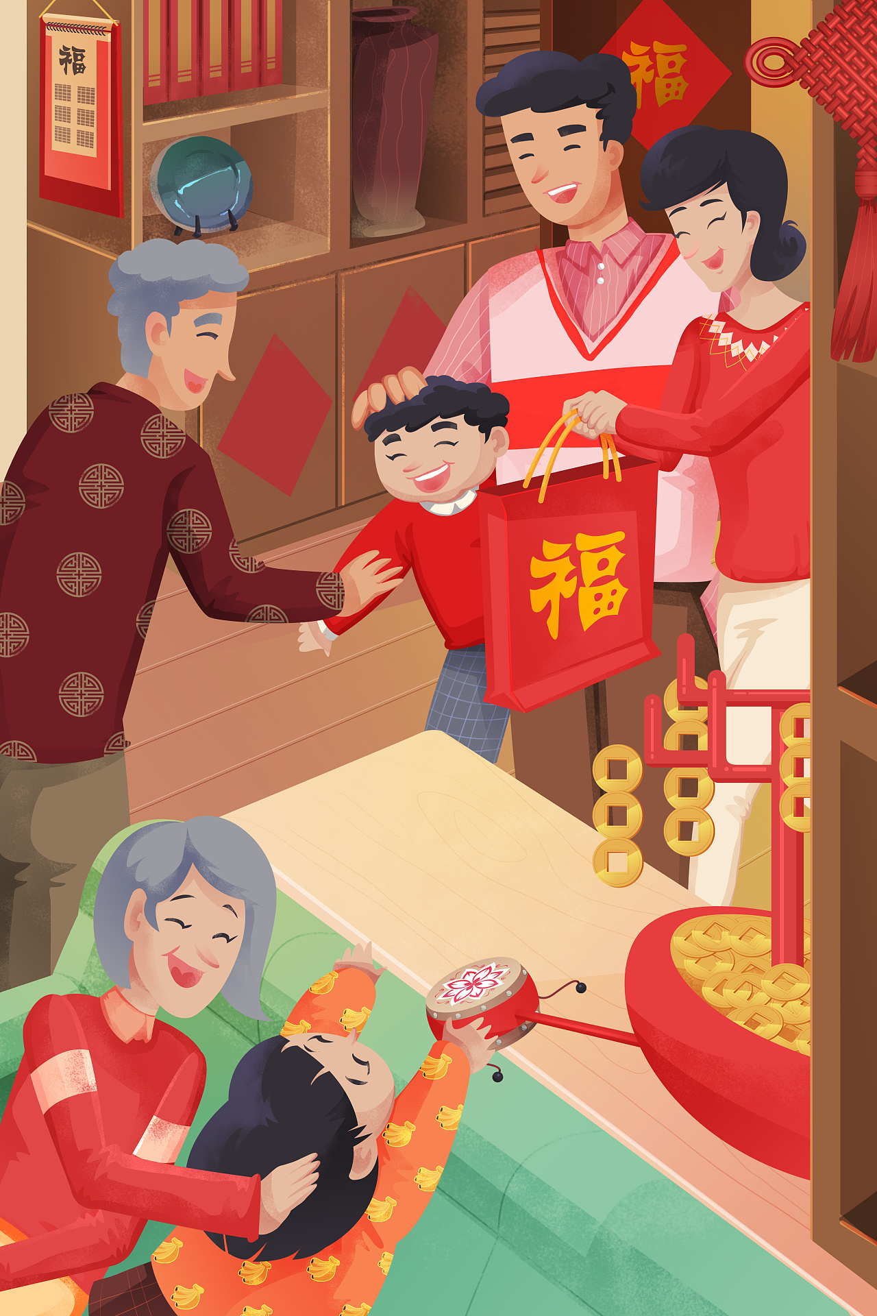 新年春节回家团聚家人配图插画图片-千库网