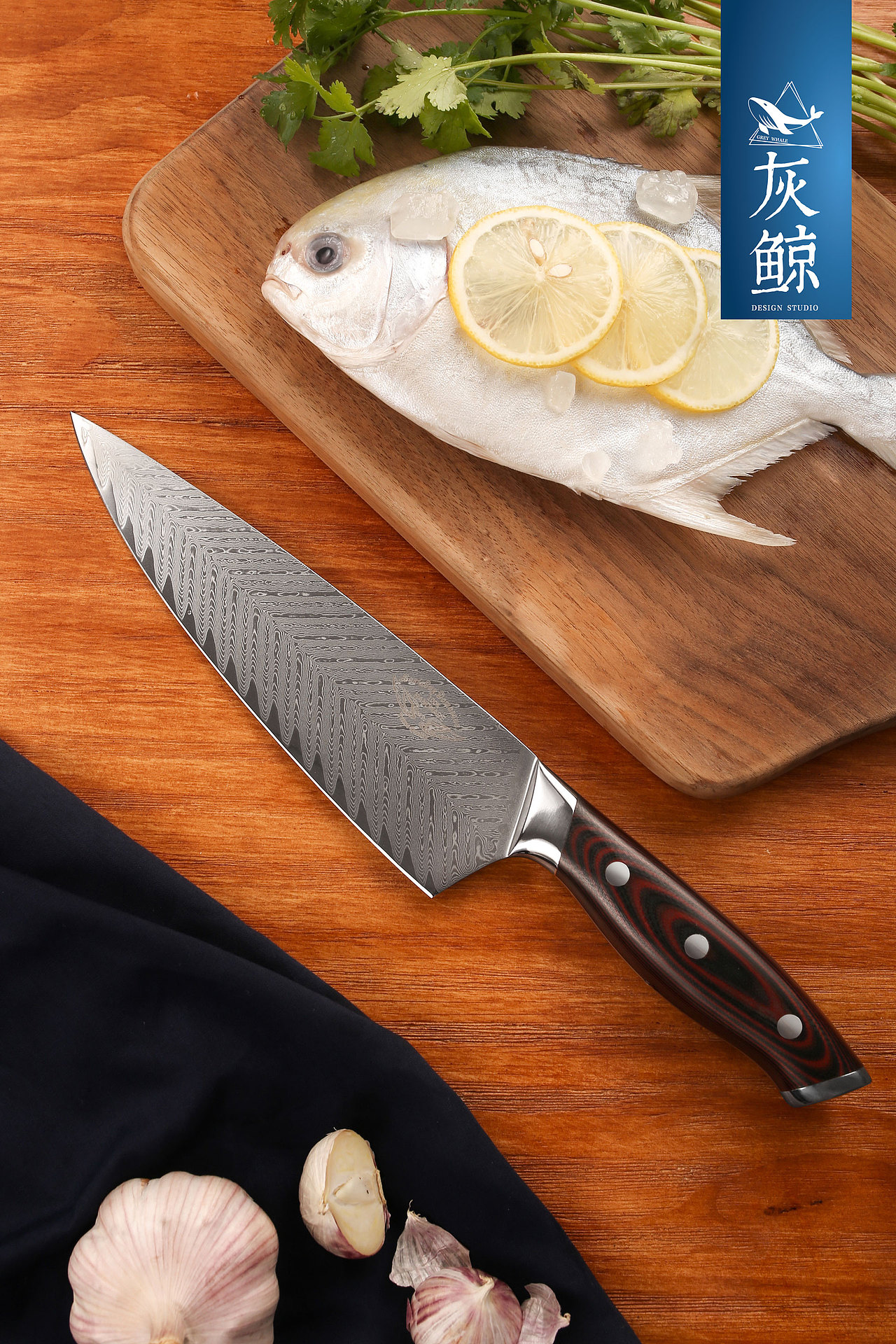 大马士革厨师刀具西式菜刀产品图场景拍摄